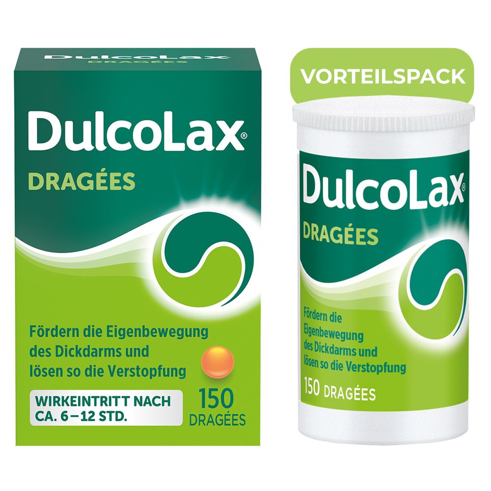 Zwei Packungen DulcoLax Dragées. Eine Schachtel und eine Flasche mit grünem Etikett und Produktinformationen.