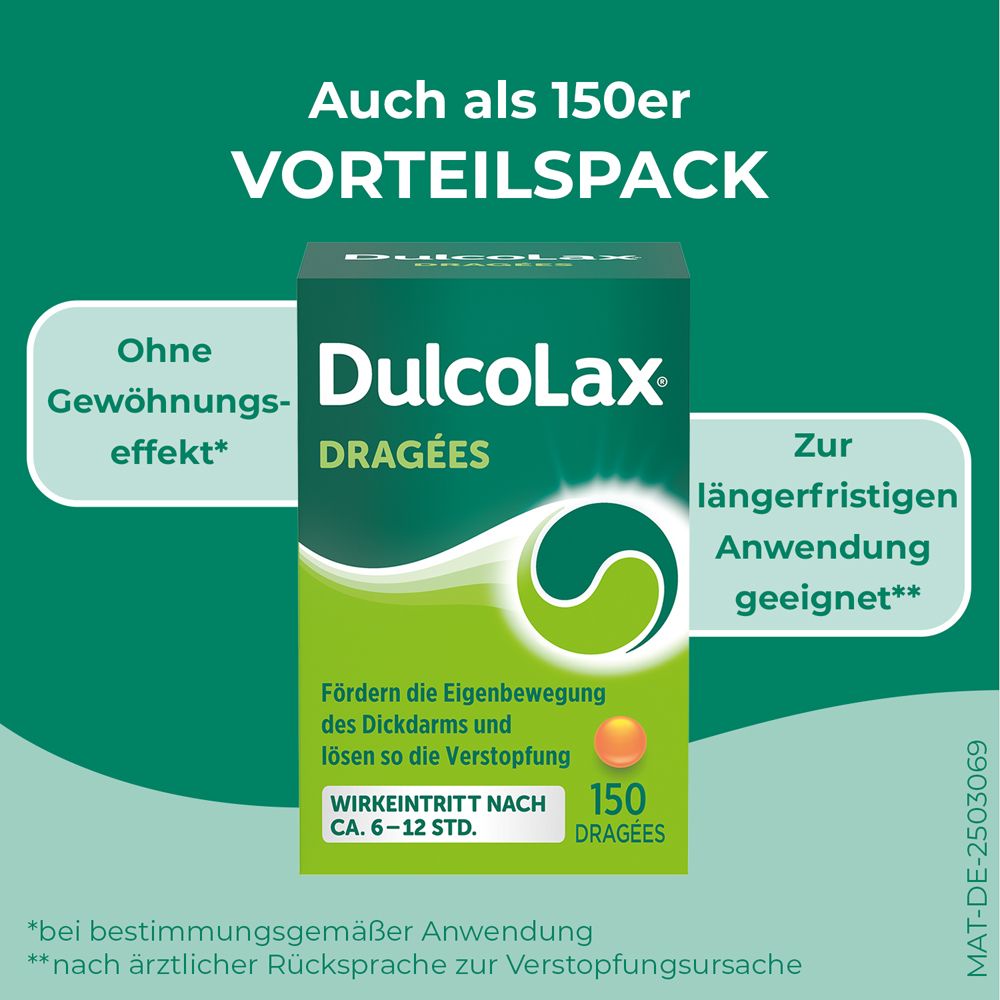 Schachtel DulcoLax Dragées. Text: Auch als 150er Vorteilspack. Ohne Gewöhnungseffekt. Zur langfristigen Anwendung geeignet.