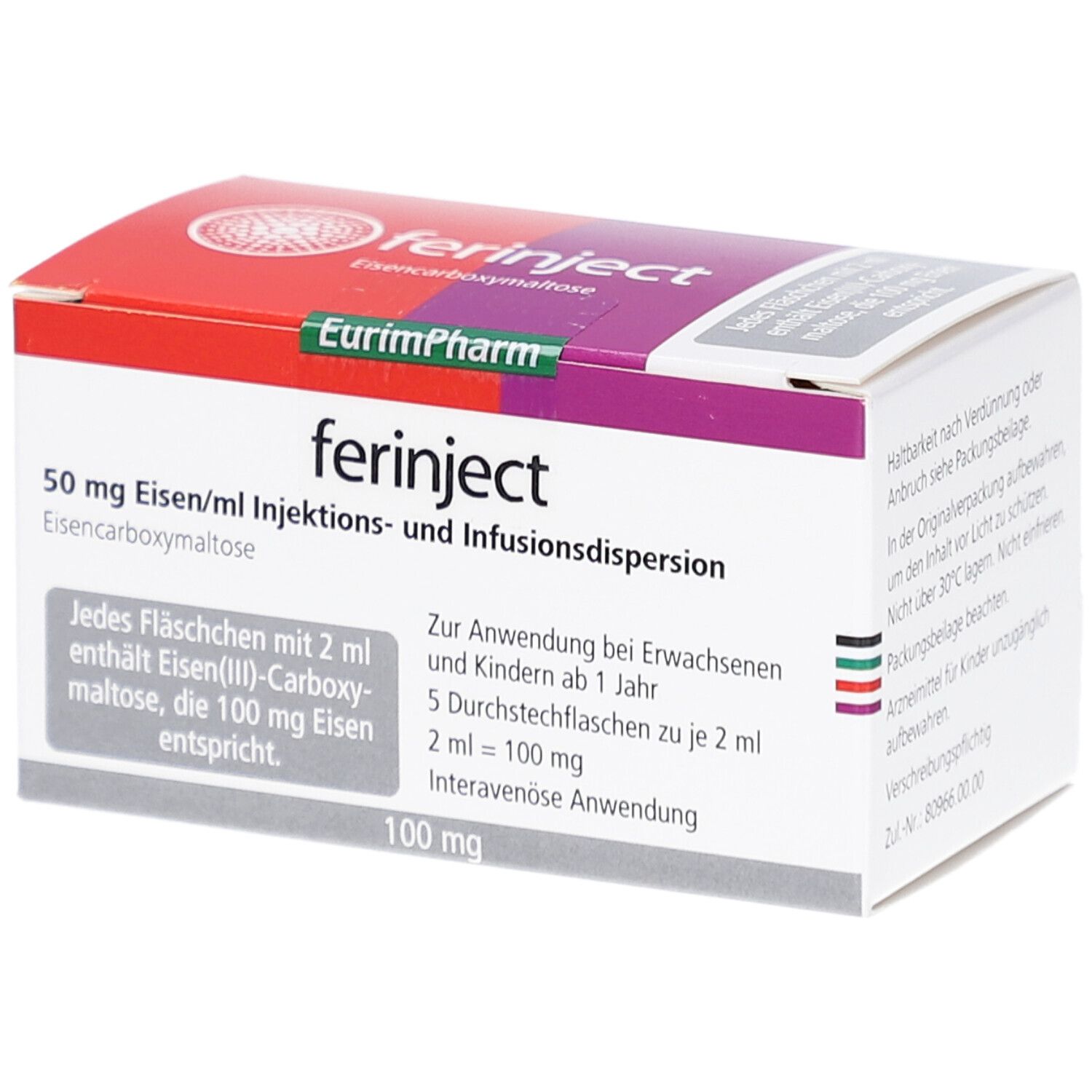 Karton mit "ferinject"-Aufdruck. Enthält 50 mg Eisen/ml Injektions- und Infusionsdispersion. Enthält 100 mg. EurimPharm-Logo.