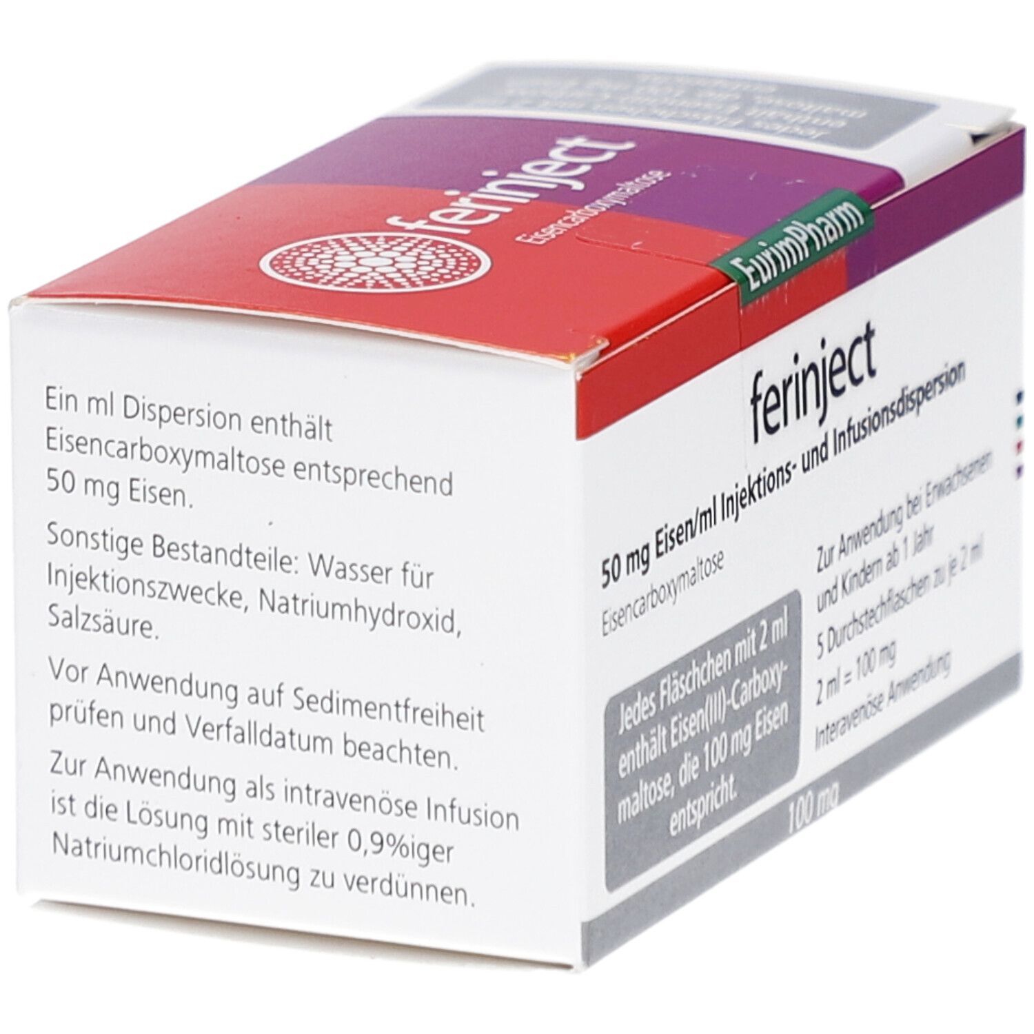 Karton mit "ferinject"-Aufdruck. Enthält 50 mg Eisen/ml Injektions- und Infusionsdispersion. Enthält 100 mg. EurimPharm-Logo.