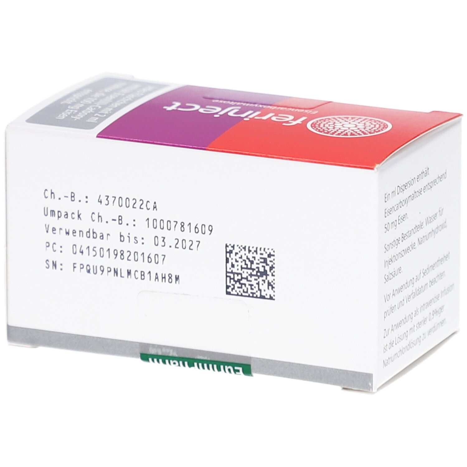 Karton mit "ferinject"-Aufdruck. Enthält Informationen zu Inhaltsstoffen, Chargennummer, Verfallsdatum und Hersteller.
