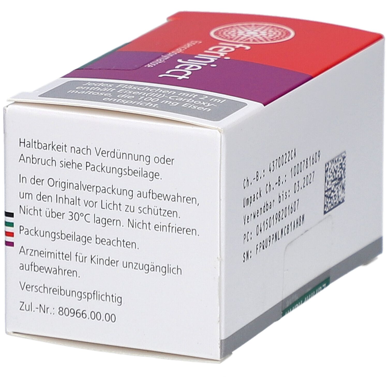 Karton mit "ferinject"-Aufdruck. Enthält Informationen zur Haltbarkeit, Lagerung und Warnhinweise.
