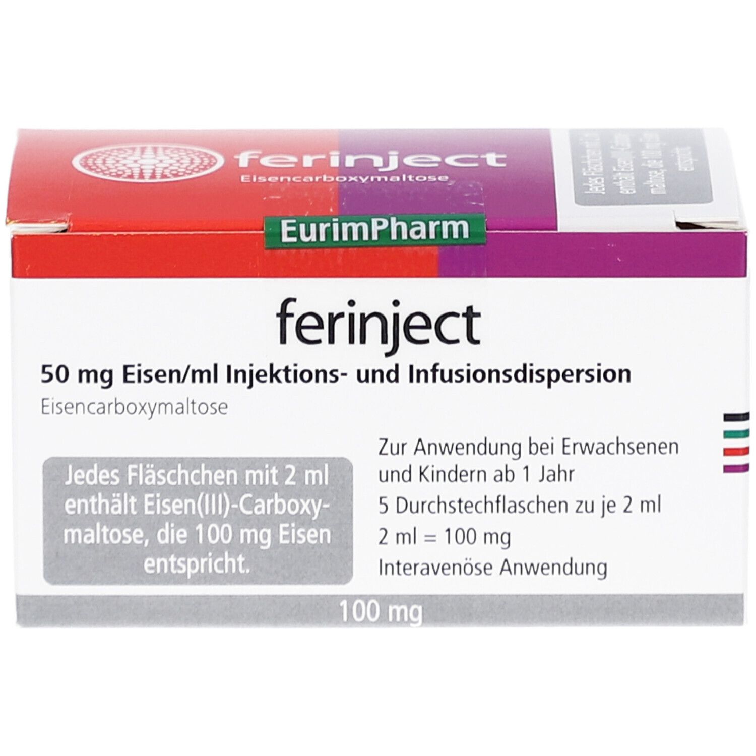 Karton mit "ferinject"-Aufdruck. Enthält 50 mg Eisen/ml Injektions- und Infusionsdispersion. Enthält 100 mg. EurimPharm-Logo.