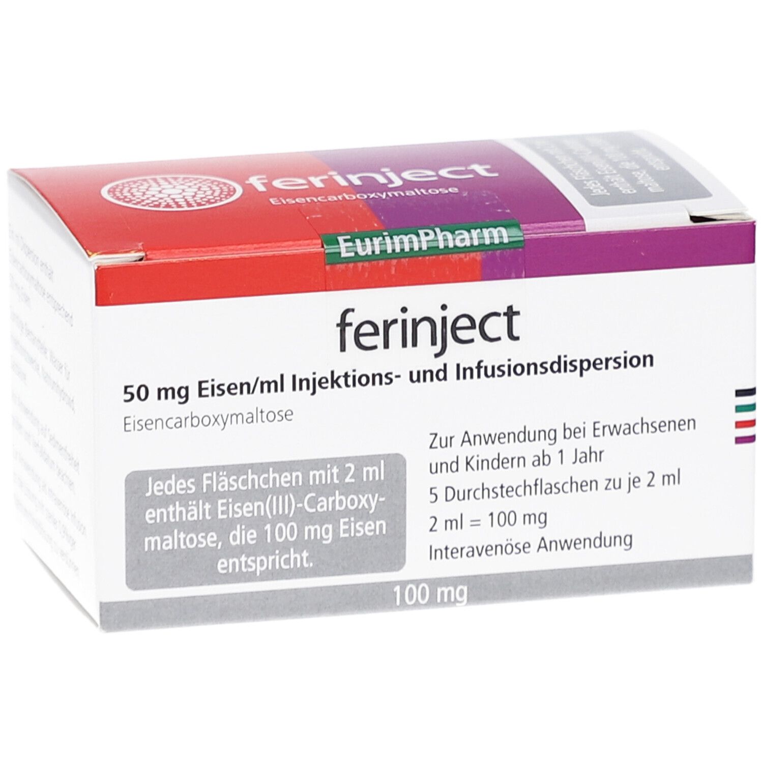 Karton mit "ferinject"-Aufdruck. Enthält 50 mg Eisen/ml Injektions- und Infusionsdispersion. Enthält 100 mg. EurimPharm-Logo.