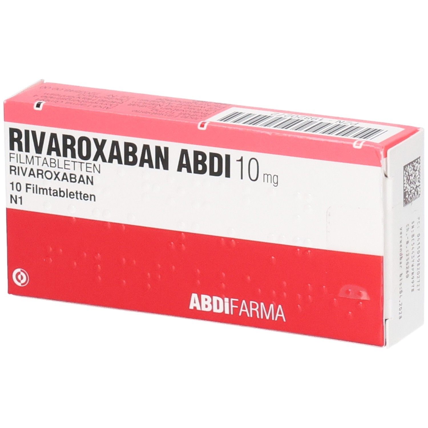 RIVAROXABAN ABDI 10 mg Filmtabletten-Packung. Rote und weiße Schachtel mit Produktnamen und Dosierung. ABDI FARMA Logo.