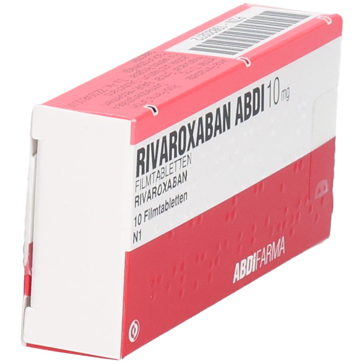 RIVAROXABAN ABDI 10 mg Packung, schräg. Rote und weiße Schachtel mit Produktnamen und Dosierung. ABDI FARMA Logo.