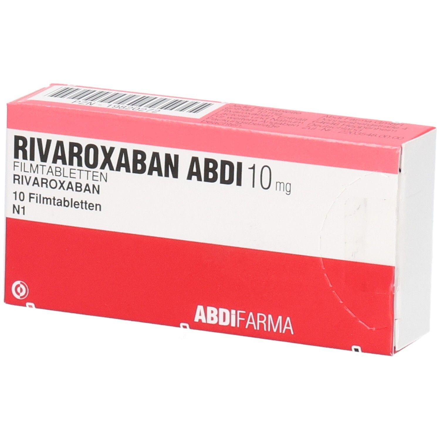 RIVAROXABAN ABDI 10 mg Filmtabletten-Packung. Rote und weiße Schachtel mit Produktnamen und Dosierung. ABDI FARMA Logo.