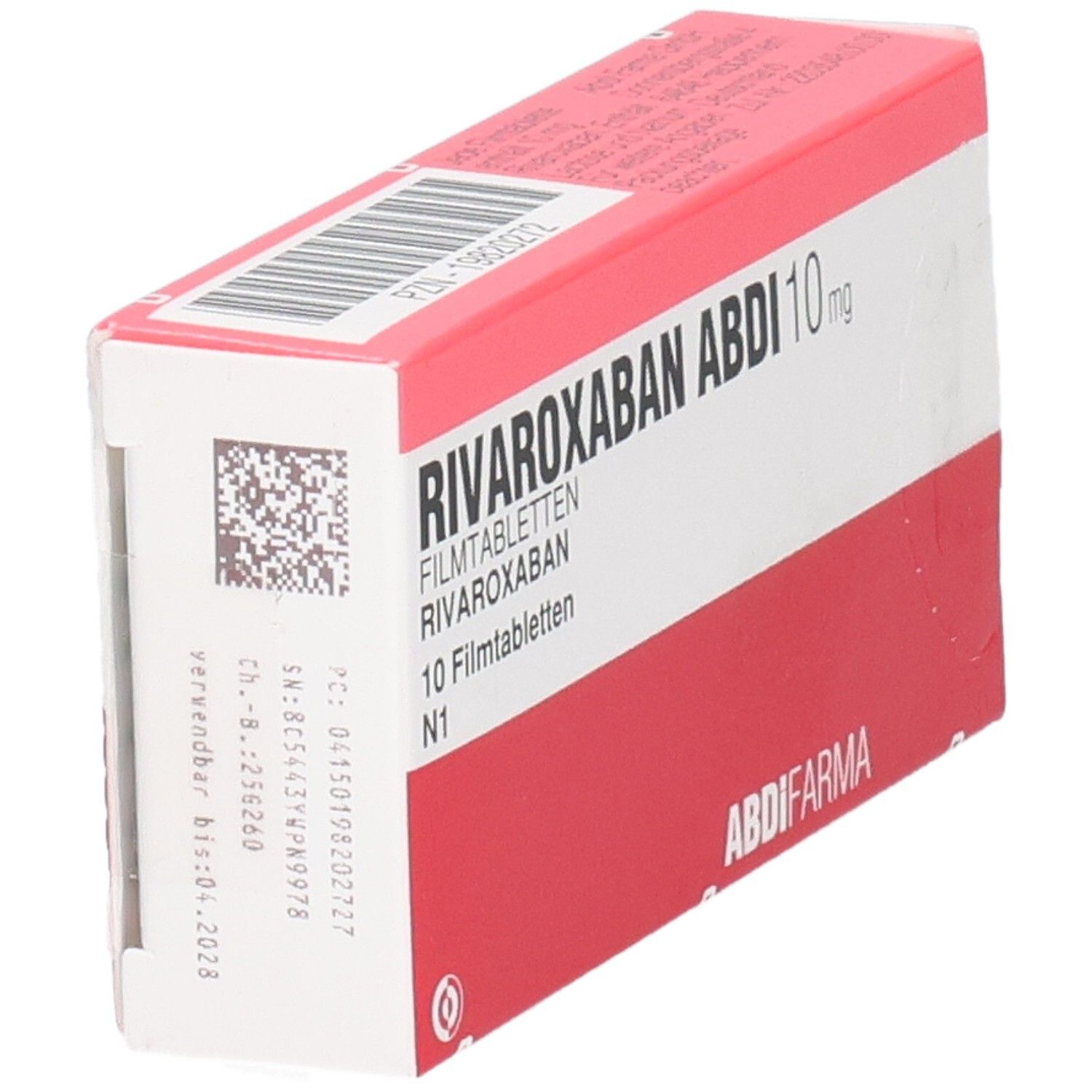 RIVAROXABAN ABDI 10 mg Packung, schräg. Rote und weiße Schachtel mit Produktnamen und Dosierung. ABDI FARMA Logo.