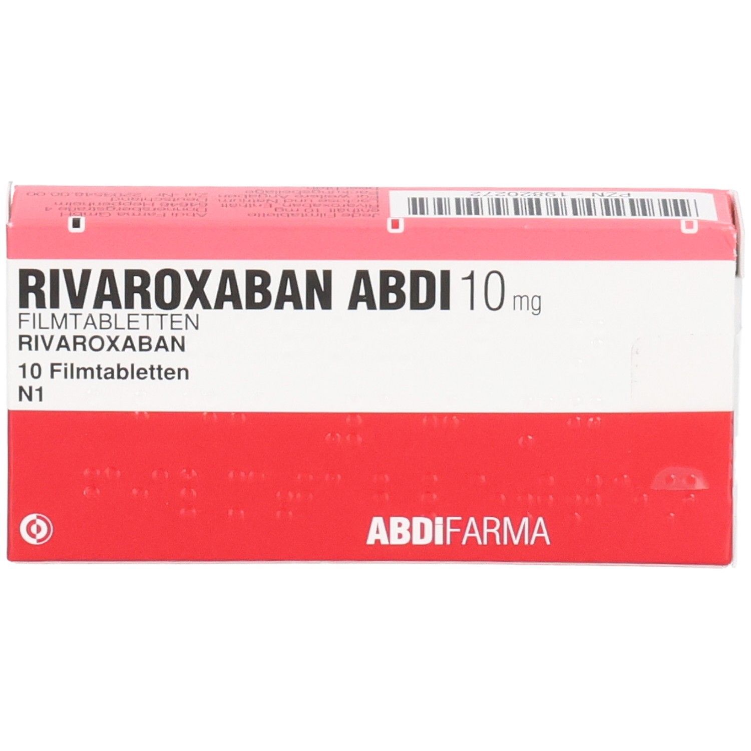 RIVAROXABAN ABDI 10 mg Filmtabletten-Packung. Rote und weiße Schachtel mit Produktnamen und Dosierung. ABDI FARMA Logo.
