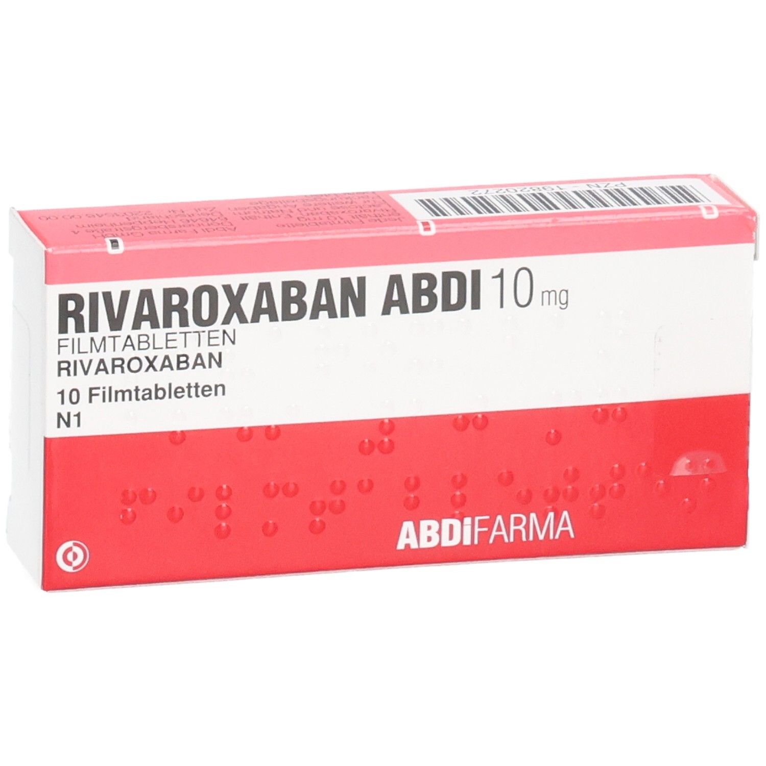RIVAROXABAN ABDI 10 mg Filmtabletten-Packung. Rote und weiße Schachtel mit Produktnamen und Dosierung. ABDI FARMA Logo.