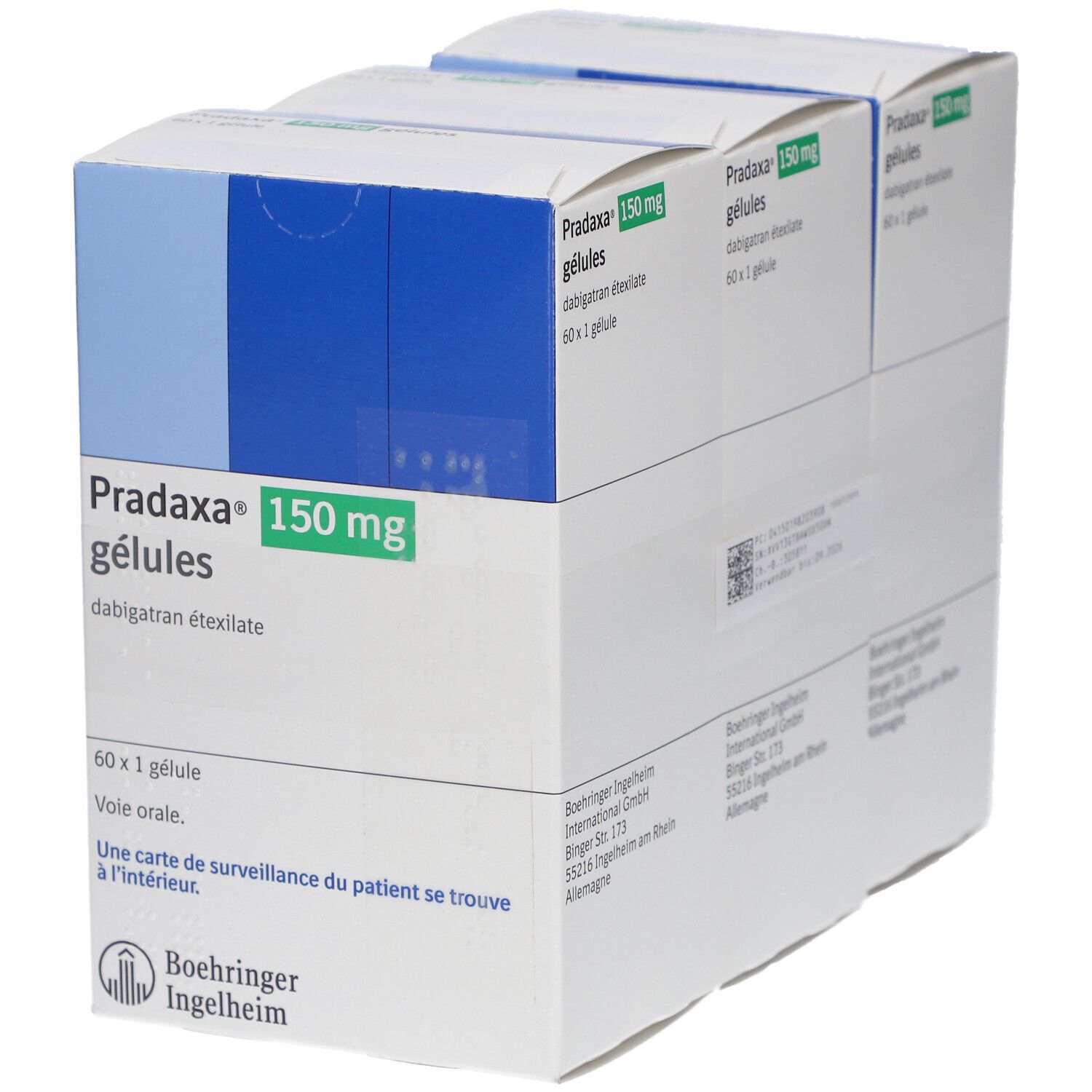 Mehrere Packungen Pradaxa 150 mg Gélules. Weiße Schachteln mit grüner und blauer Beschriftung. Text: 60 x 1 Gélule, Vole orale.
