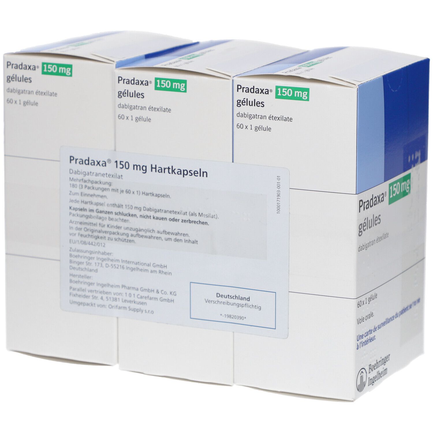 Mehrfachpackung Pradaxa 150 mg Hartkapseln. Weiße Kartons mit blauen und grünen Akzenten. Text: Pradaxa, 150 mg, Hartkapseln.