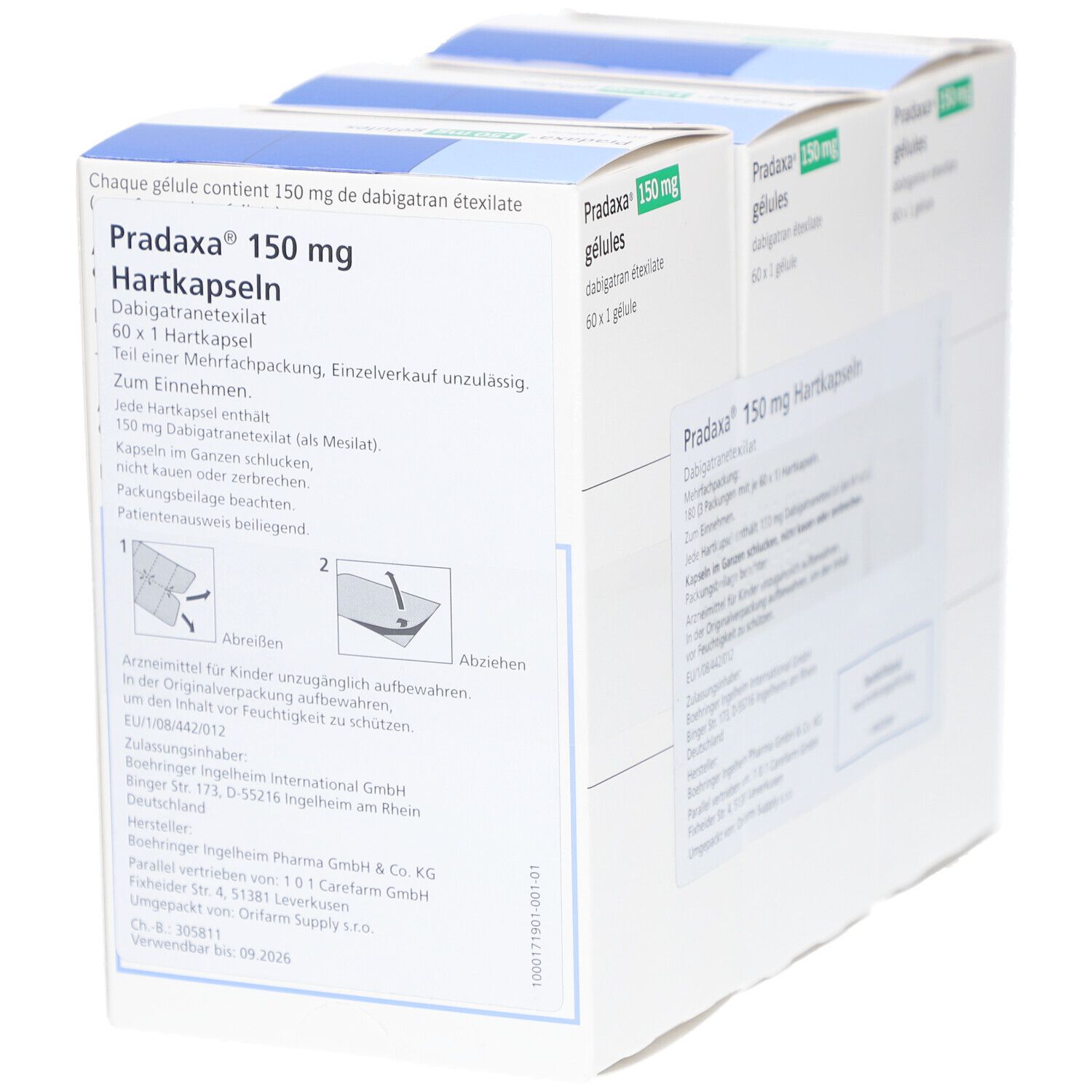 Mehrfachpackung Pradaxa 150 mg Hartkapseln. Weiße Kartons mit blauen und grünen Akzenten. Text: Pradaxa, 150 mg, Hartkapseln.