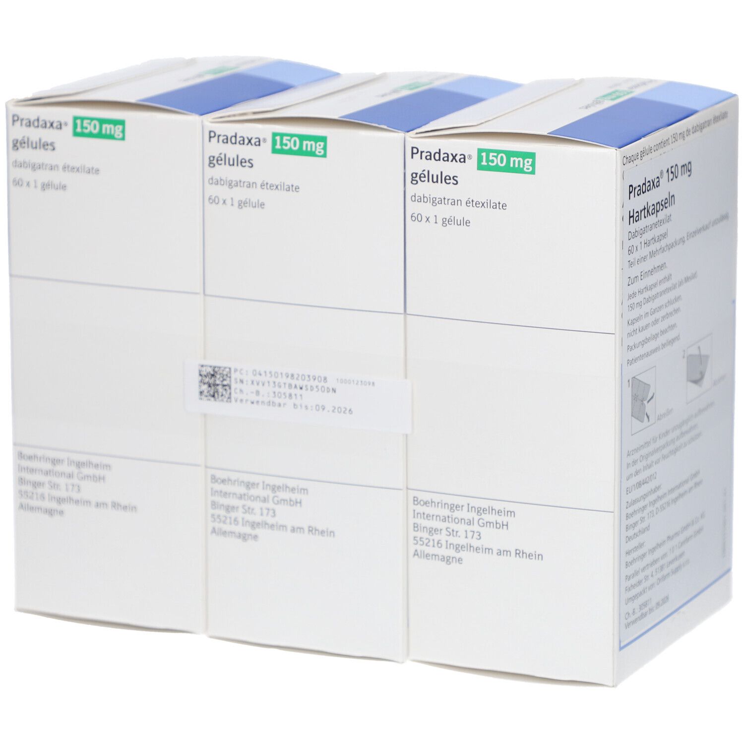 Mehrere Packungen Pradaxa 150 mg Hartkapseln. Weiße Schachteln mit grüner und blauer Beschriftung. Text: 60 x 1 Hartkapsel.
