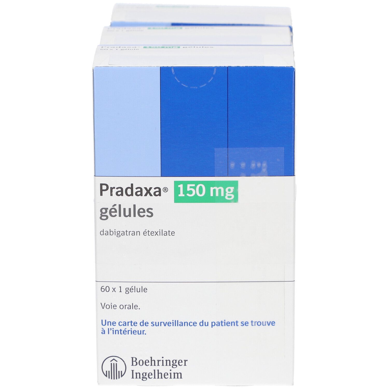 Packung Pradaxa 150 mg Gélules. Weiße Schachtel mit grüner und blauer Beschriftung. Text: 60 x 1 Gélule, Vole orale.