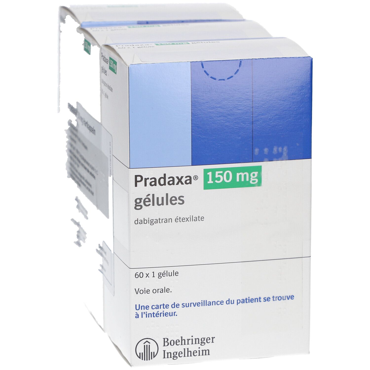 Packung Pradaxa 150 mg Gélules. Weiße Schachtel mit grüner und blauer Beschriftung. Text: 60 x 1 Gélule, Vole orale.