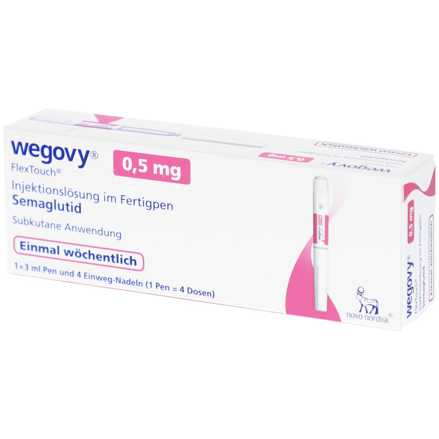 Weiße Verpackung mit rosa Akzenten. Beschriftung: Wegovy 0,5 mg, Injektionslösung, Semaglutid. Fertigpen und Nadeln.