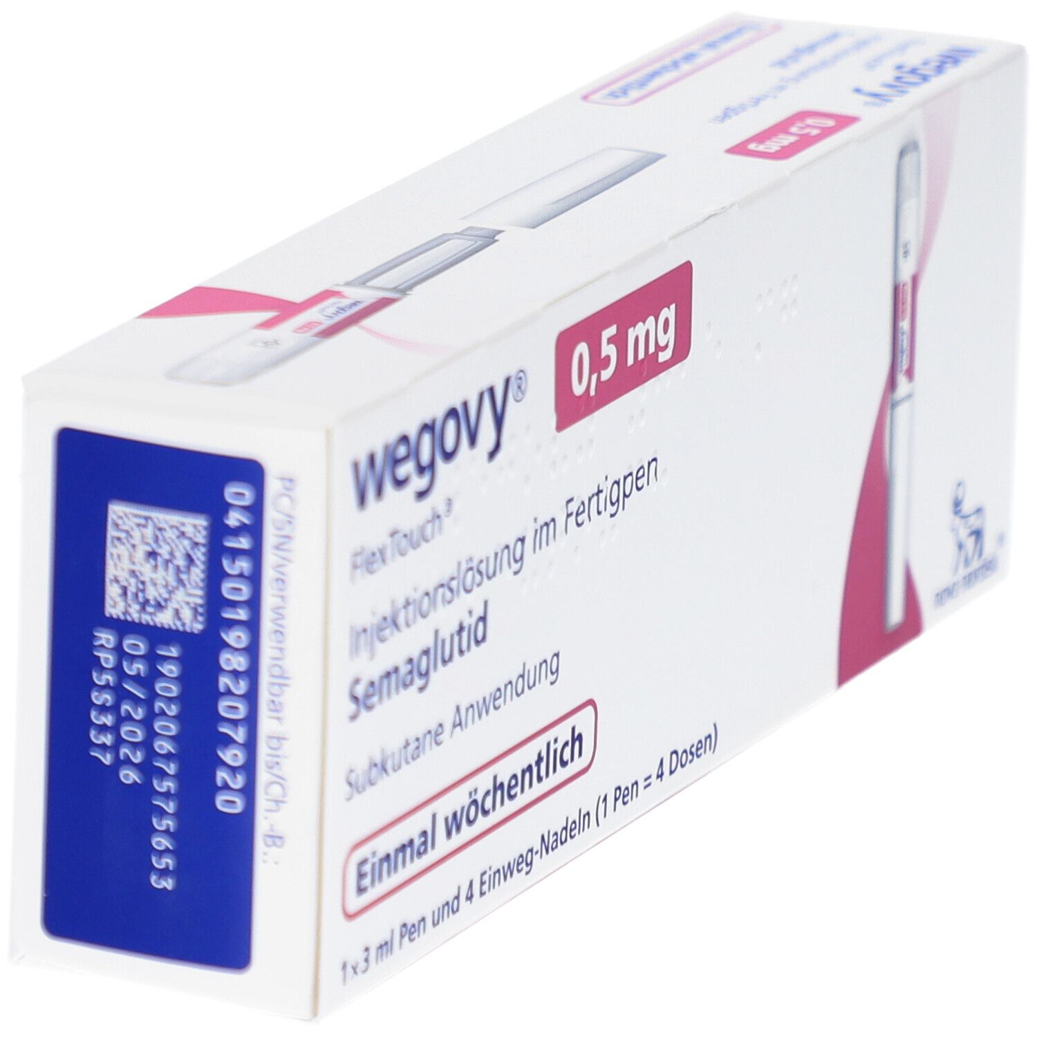 Weiße Verpackung mit rosa Akzenten. Beschriftung: Wegovy 0,5 mg, Injektionslösung, Semaglutid. Fertigpen und Nadeln.