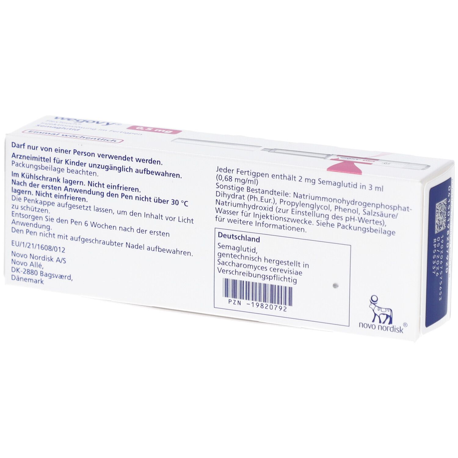 Weiße Verpackung mit Text. Beschriftung: Wegovy, 0,5 mg, Injektionslösung, Semaglutid. Text auf Deutsch.