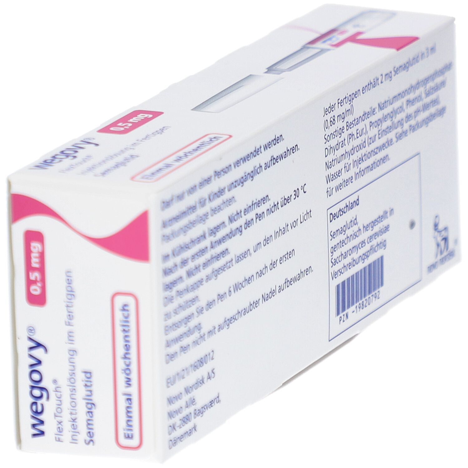 Weiße Verpackung mit rosa Akzenten. Beschriftung: Wegovy 0,5 mg, Injektionslösung, Semaglutid. Text auf Deutsch.