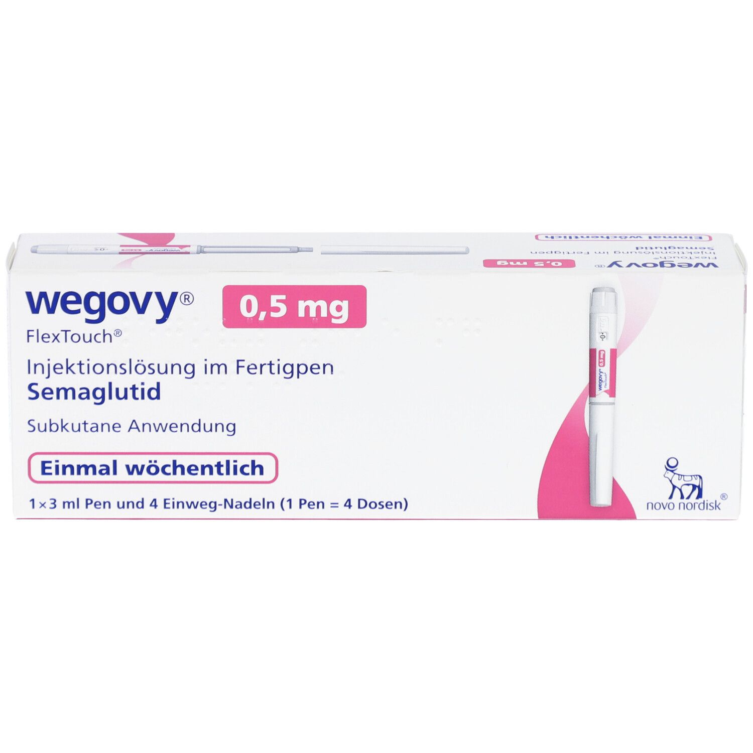 Weiße Verpackung mit rosa Akzenten. Beschriftung: Wegovy 0,5 mg, Injektionslösung, Semaglutid. Fertigpen und Nadeln.