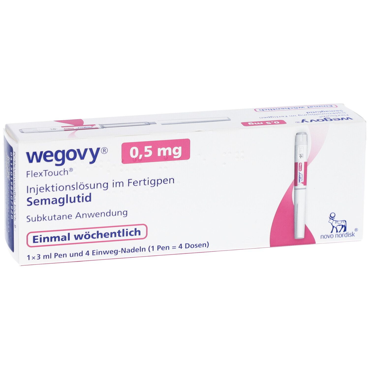 Weiße Verpackung mit rosa Akzenten. Beschriftung: Wegovy 0,5 mg, Injektionslösung, Semaglutid. Fertigpen und Nadeln.