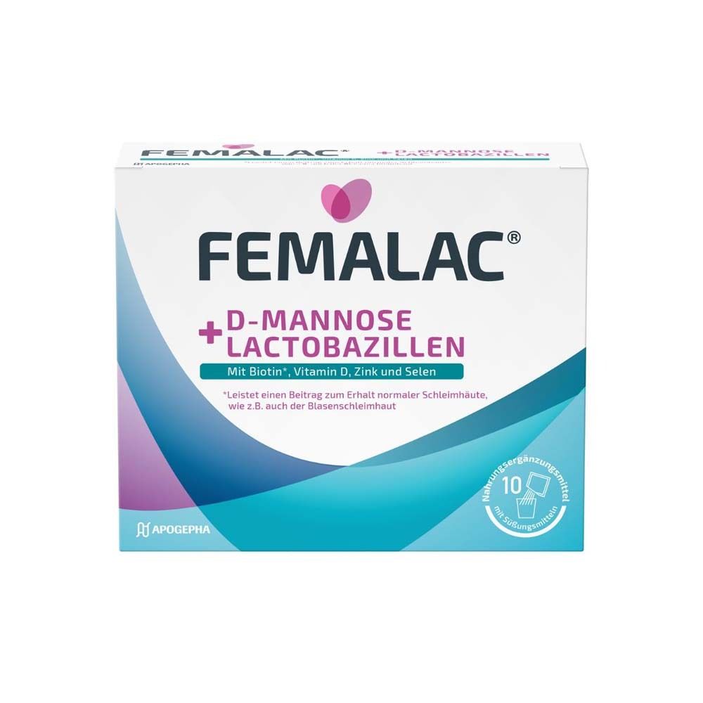 FEMALAC-Verpackung. Weißer Karton mit Produktnamen und Inhaltsstoffen. 10 Beutel. Apogepha-Logo.