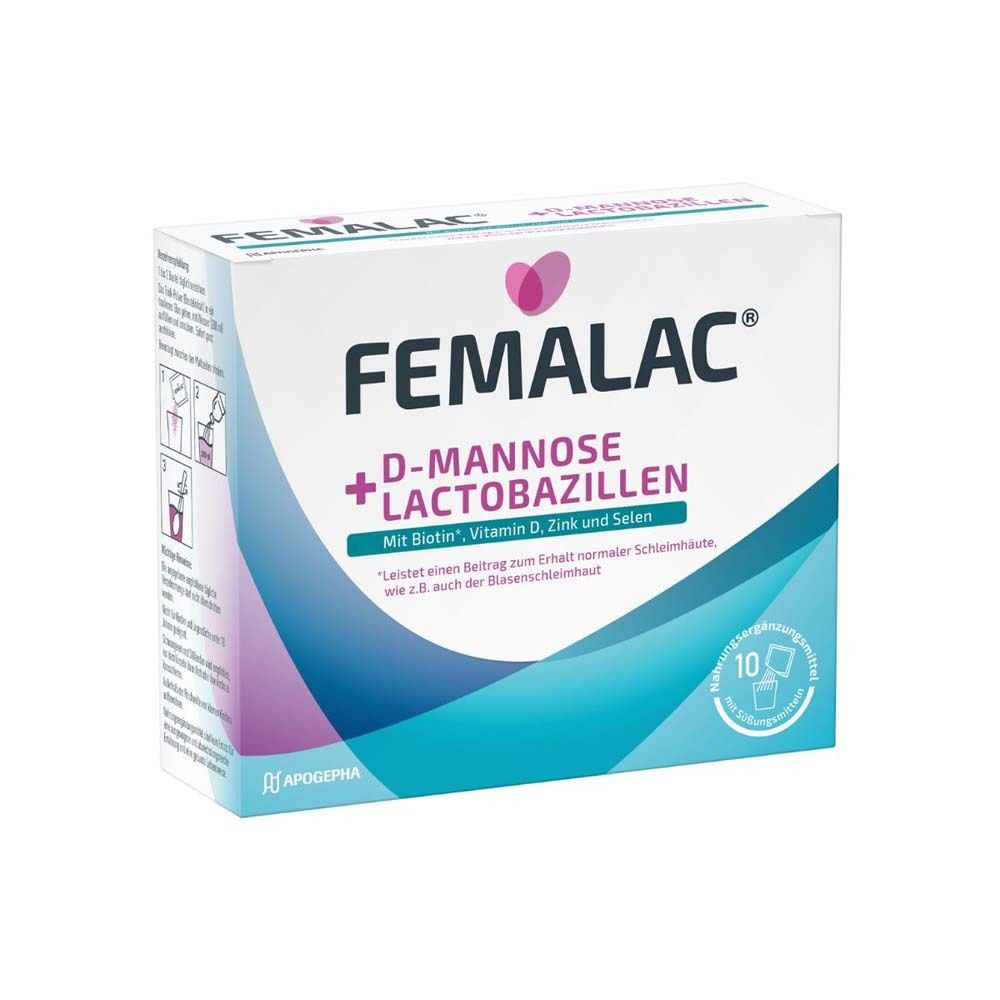 FEMALAC-Verpackung. Weißer Karton mit Produktnamen und Inhaltsstoffen. 10 Beutel. Apogepha-Logo.