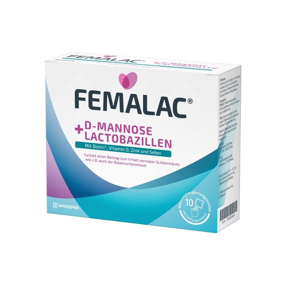 FEMALAC-Verpackung. Weißer Karton mit Produktnamen und Inhaltsstoffen. 10 Beutel. Apogepha-Logo.