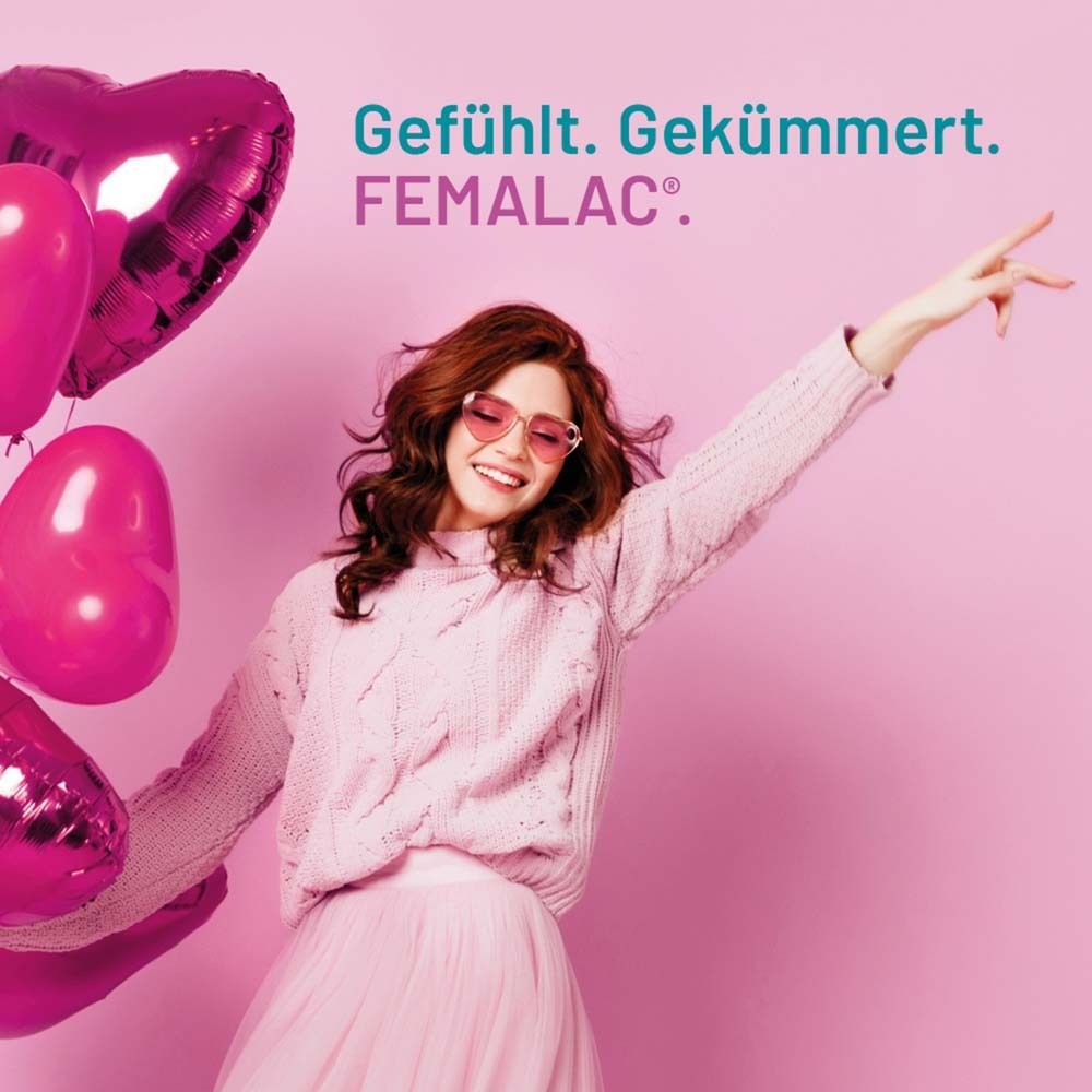 Frau mit Sonnenbrille und Luftballons. Text: Gefühlt. Gekümmert. FEMALAC.