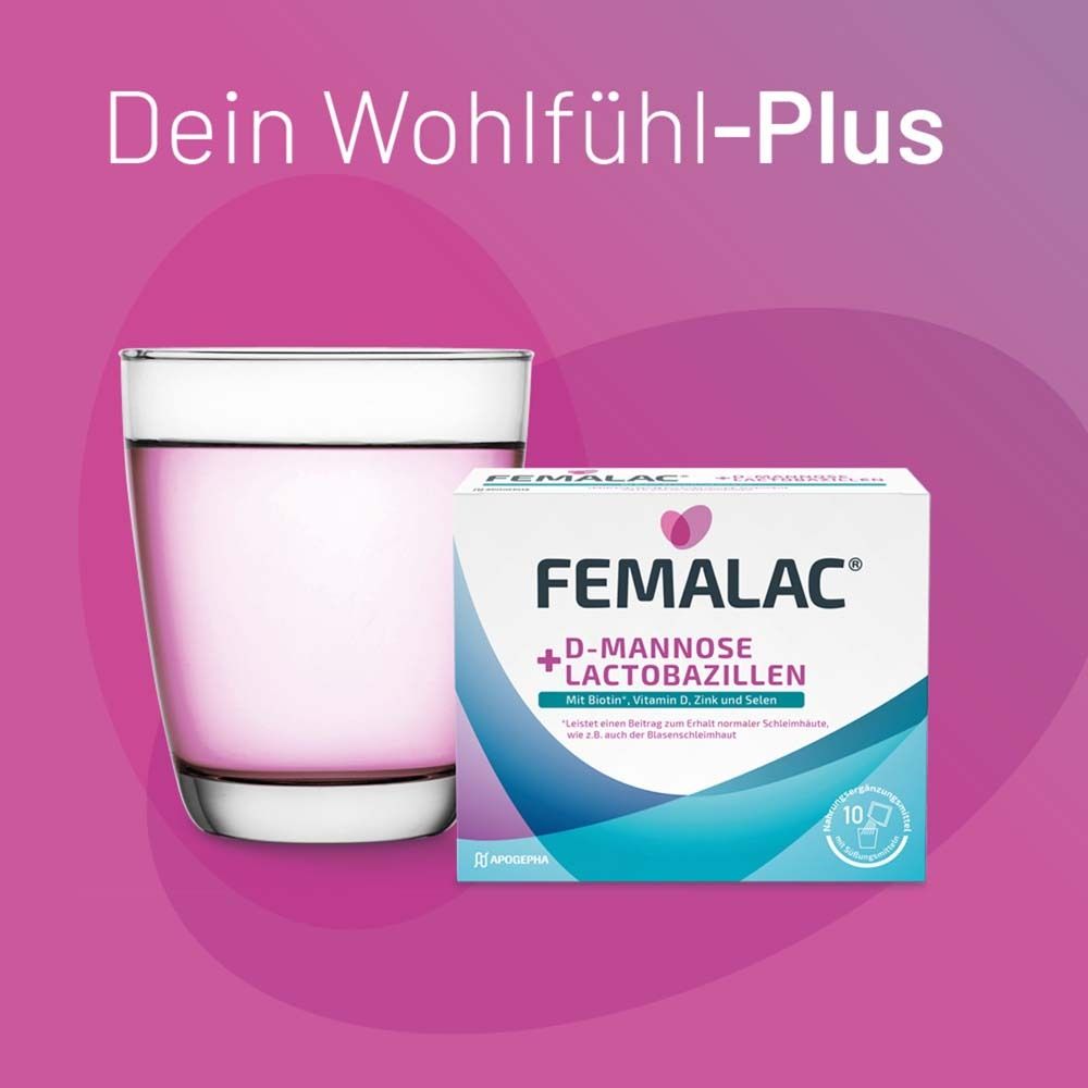 Glas Wasser und FEMALAC-Verpackung. Weißer Karton mit Produktnamen und Inhaltsstoffen. 10 Beutel.