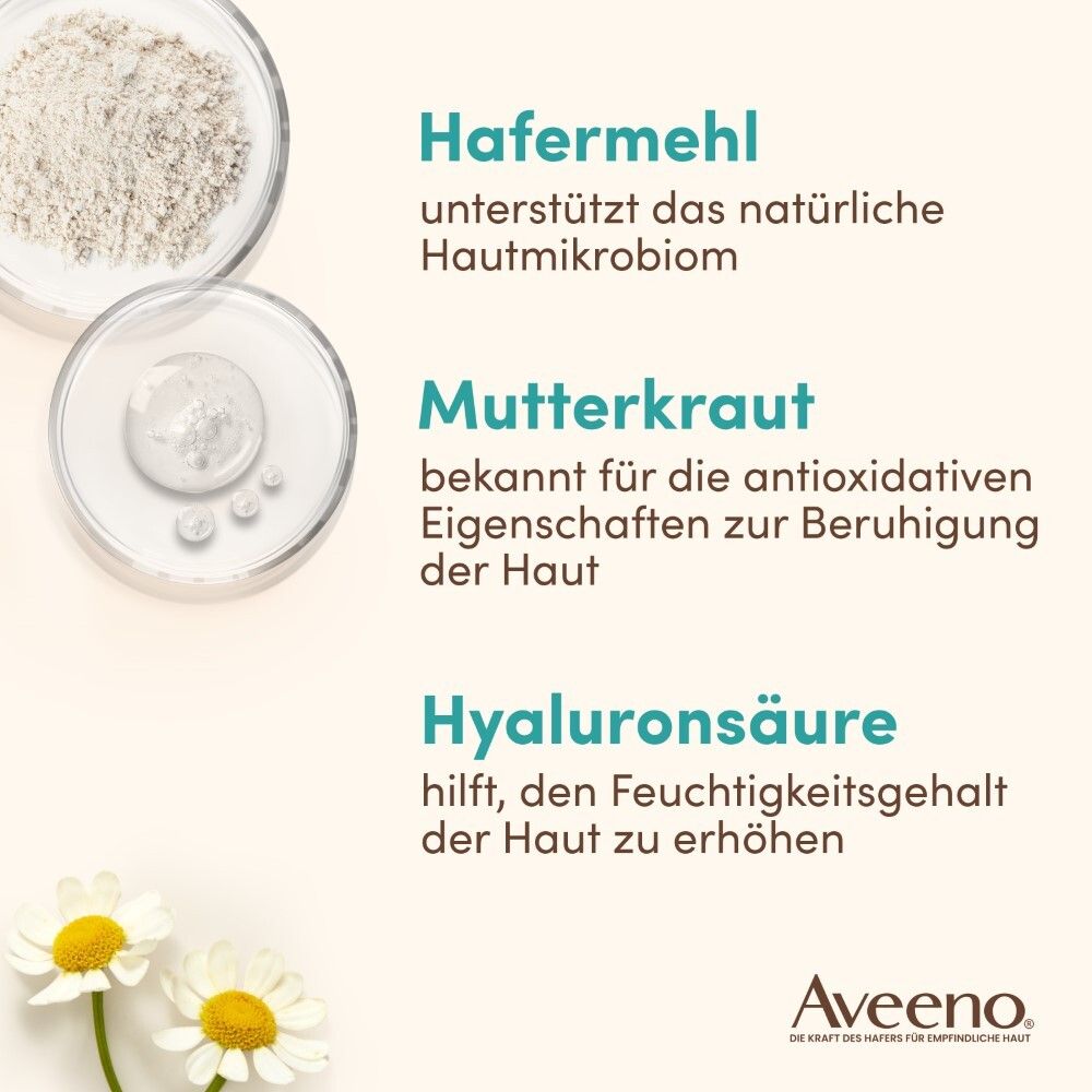 Inhaltsstoffe: Hafermehl, Mutterkraut, Hyaluronsäure. Text und Abbildungen in Schalen. Aveeno Logo.