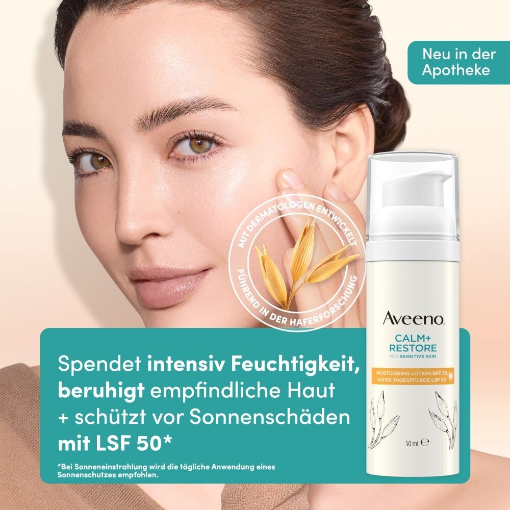 Frau mit Aveeno CALM+RESTORE Creme. Text: Spendet Feuchtigkeit, beruhigt, schützt. LSF 50. Apotheken-Hinweis.