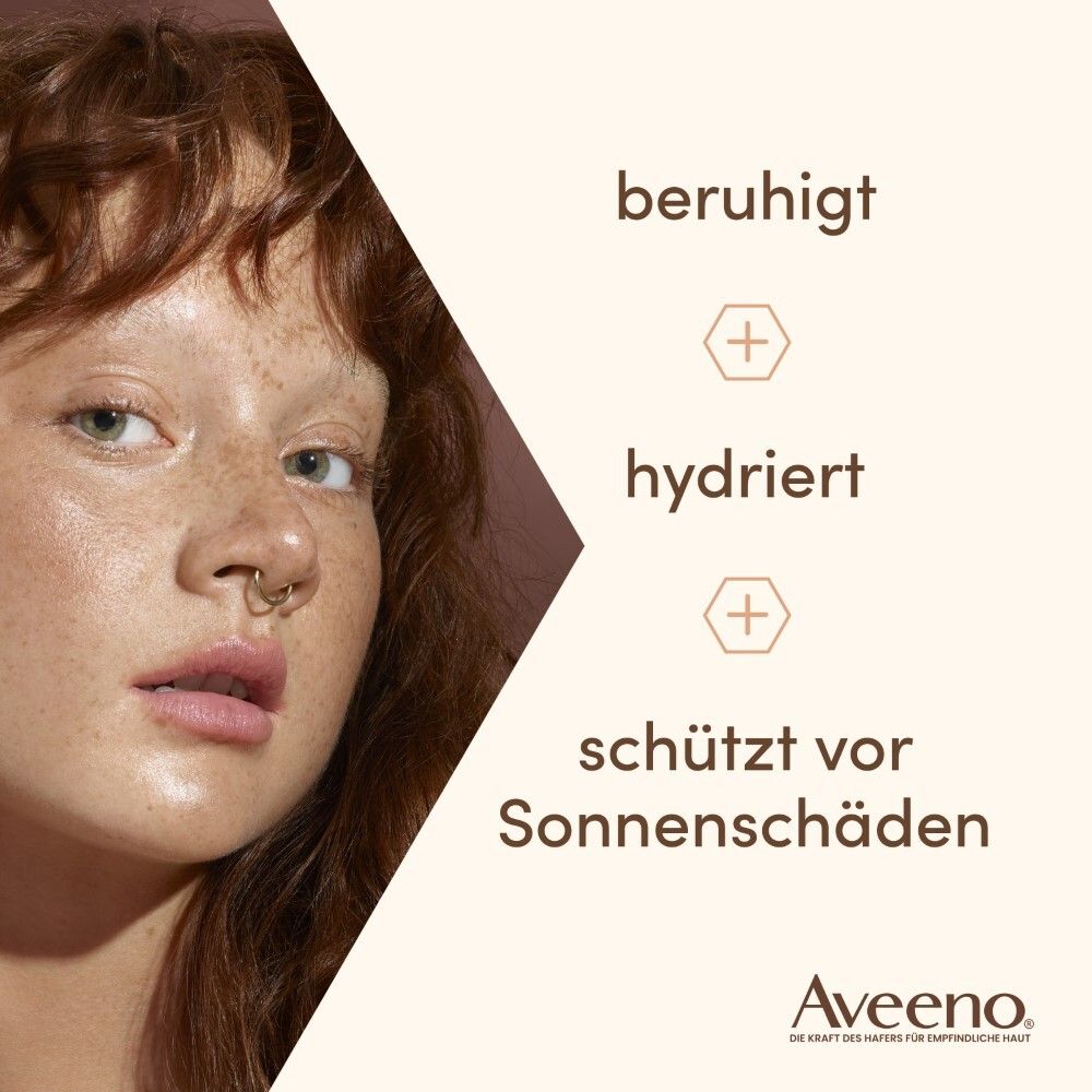 Frau mit Haut. Text: beruhigt, hydriert, schützt vor Sonnenschäden. Aveeno Logo.