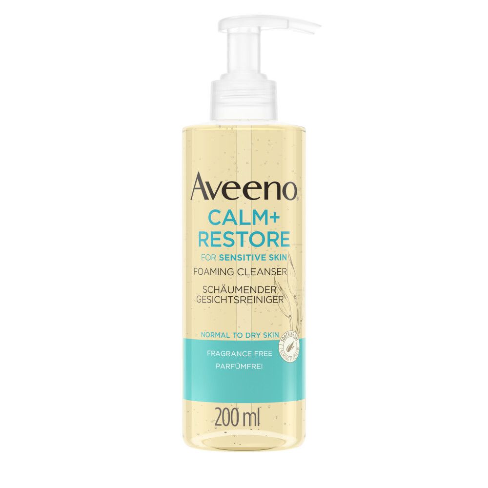 Aveeno Calm+Restore Reinigungsgel. Flasche mit Pumpe, gelbliche Flüssigkeit. Text: Calm+Restore, für empfindliche Haut, 200 ml.