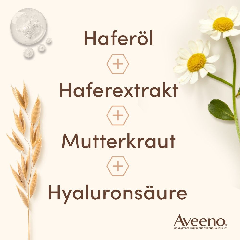 Inhaltsstoffe: Haferöl, Haferextrakt, Mutterkraut, Hyaluronsäure. Aveeno Logo.