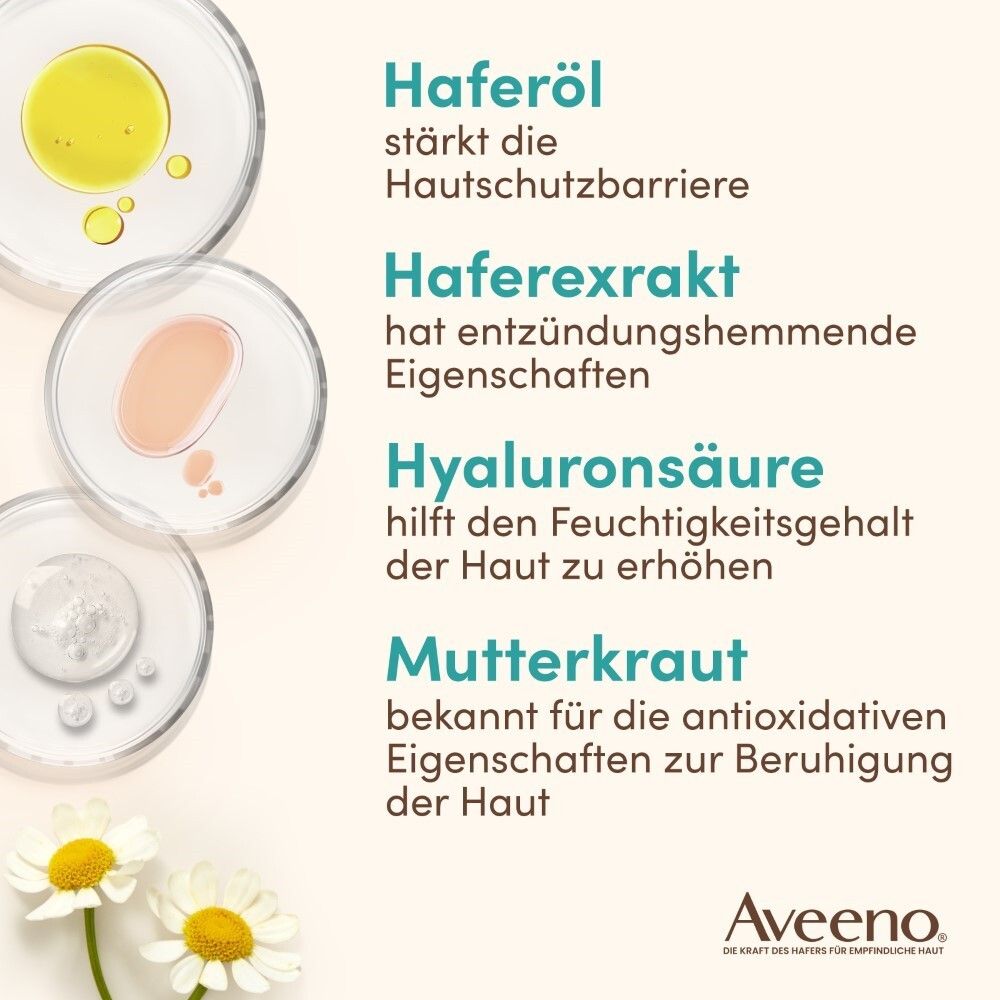 Inhaltsstoffe: Haferöl, Haferextrakt, Hyaluronsäure, Mutterkraut. Aveeno Logo.