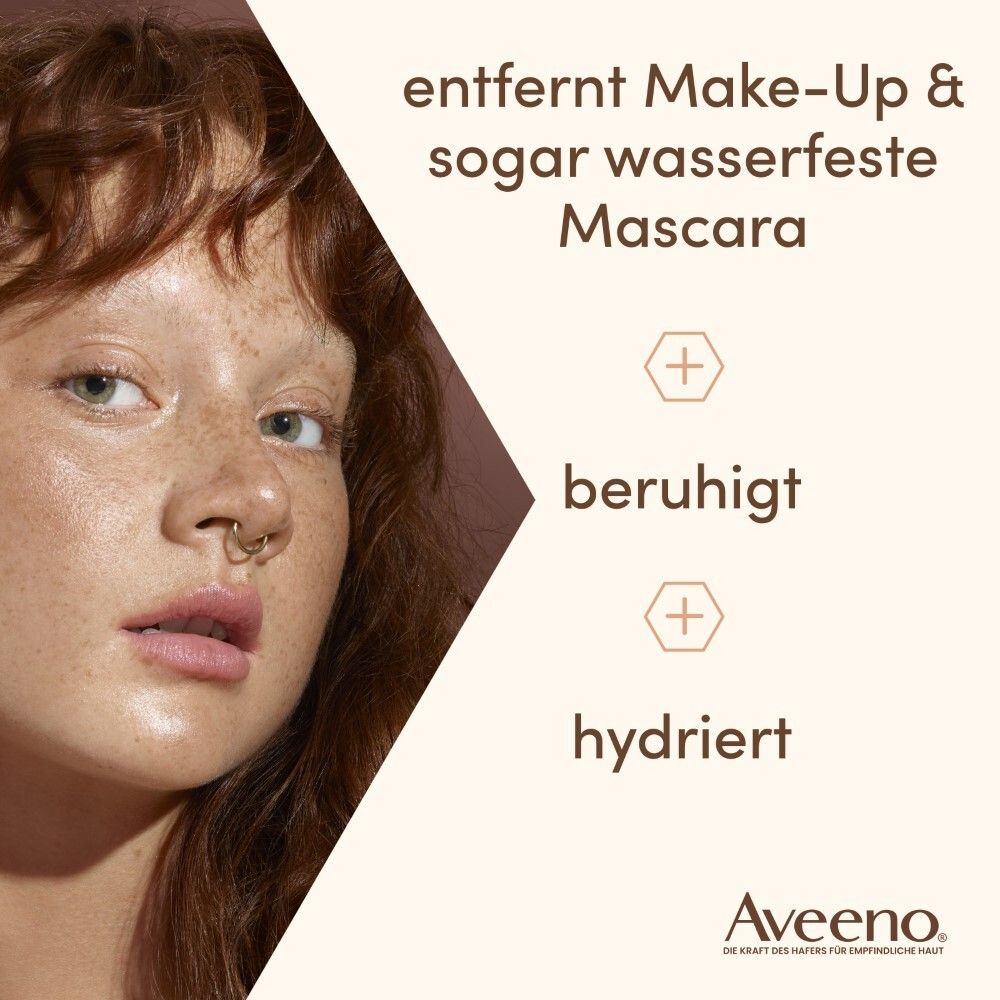 Frau mit Sommersprossen. Text: Entfernt Make-Up & sogar wasserfeste Mascara, beruhigt, hydriert. Aveeno Logo.