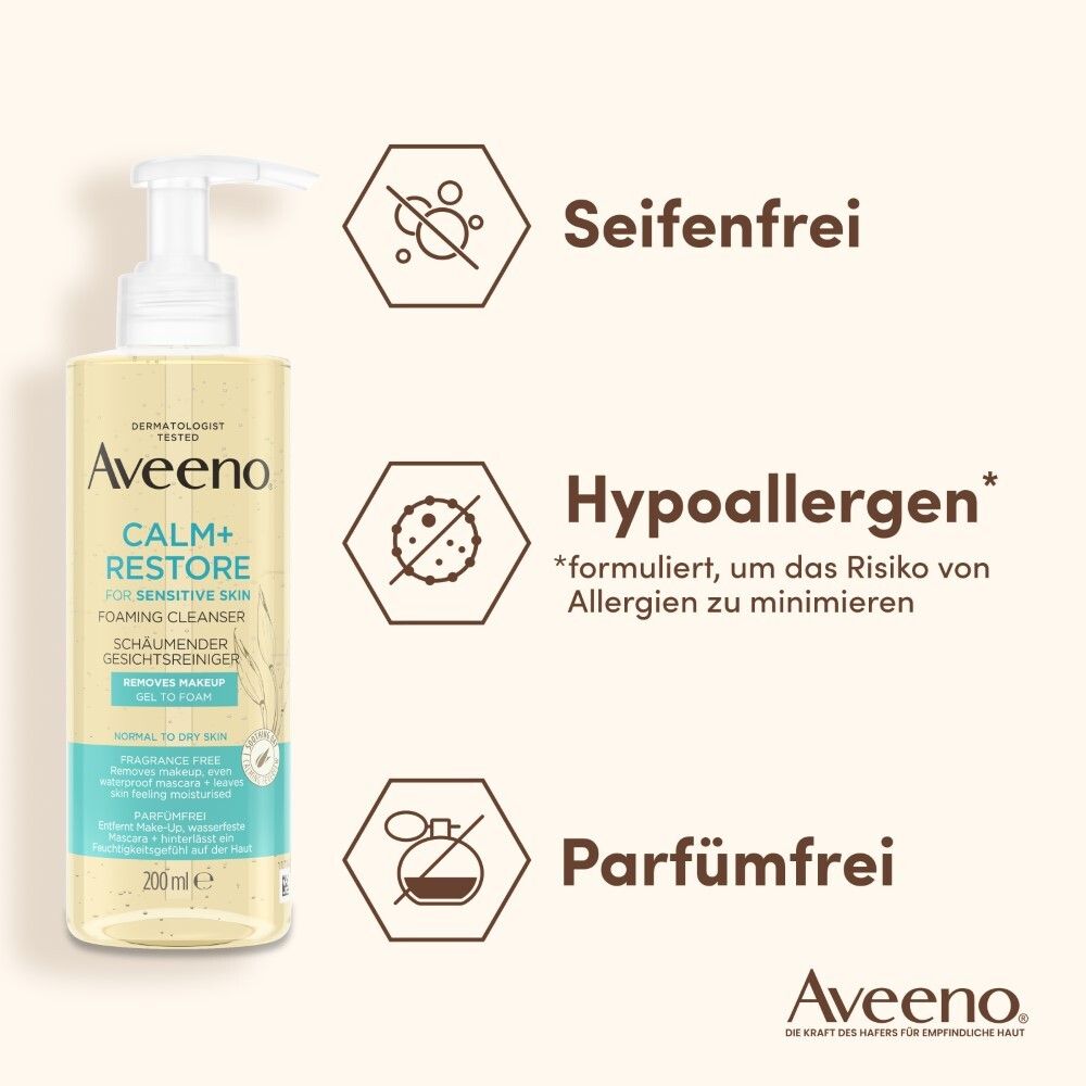 Aveeno Calm+Restore Reinigungsgel. Text: Seifenfrei, hypoallergen, parfümfrei. Aveeno Logo.
