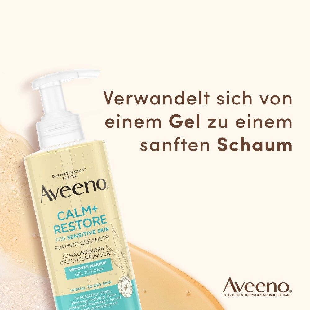 Aveeno Calm+Restore Reinigungsgel. Text: Verwandelt sich von einem Gel zu einem sanften Schaum. Aveeno Logo.