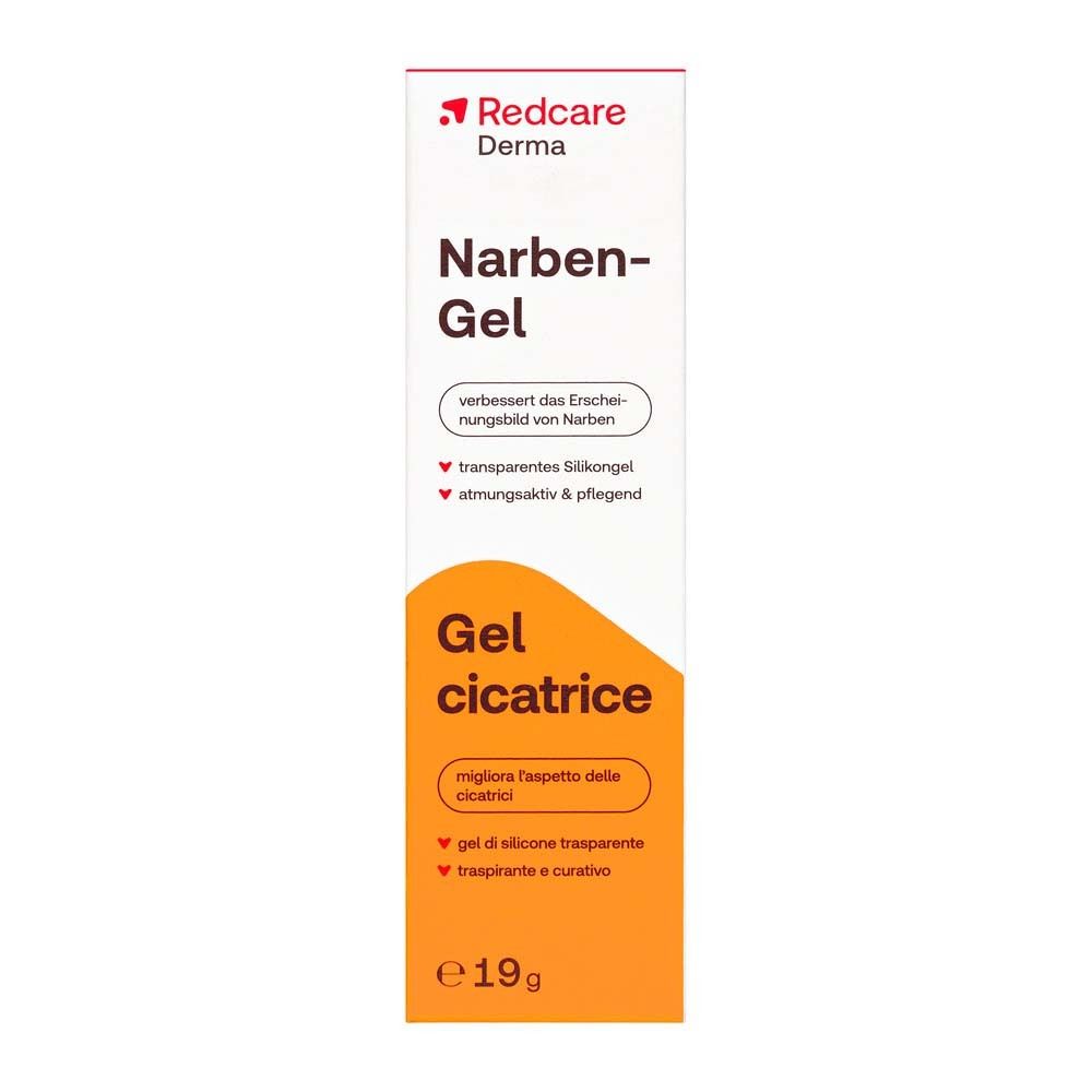 Redcare Derma Narben-Gel. Verpackung. Orangefarbener Bereich mit Produktinformationen. 19g.