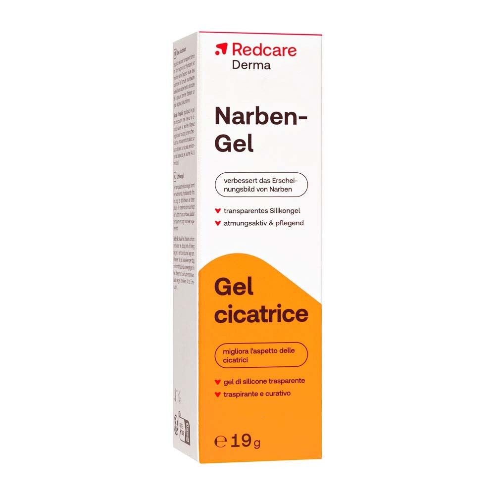 Redcare Derma Narben-Gel. Verpackung. Orangefarbener Bereich mit Produktinformationen. 19g.