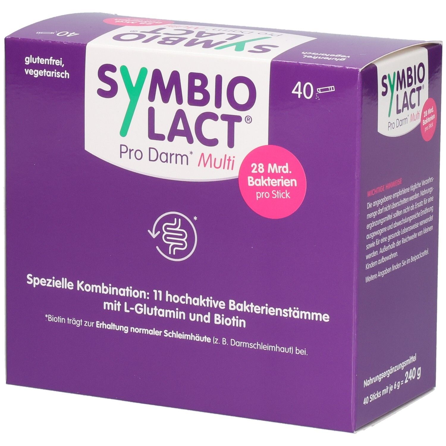 Lila Schachtel mit SYMBIOLACT Pro Darm Multi. 40 Sticks. Glutenfrei, vegetarisch. 28 Mrd. Bakterien pro Stick.