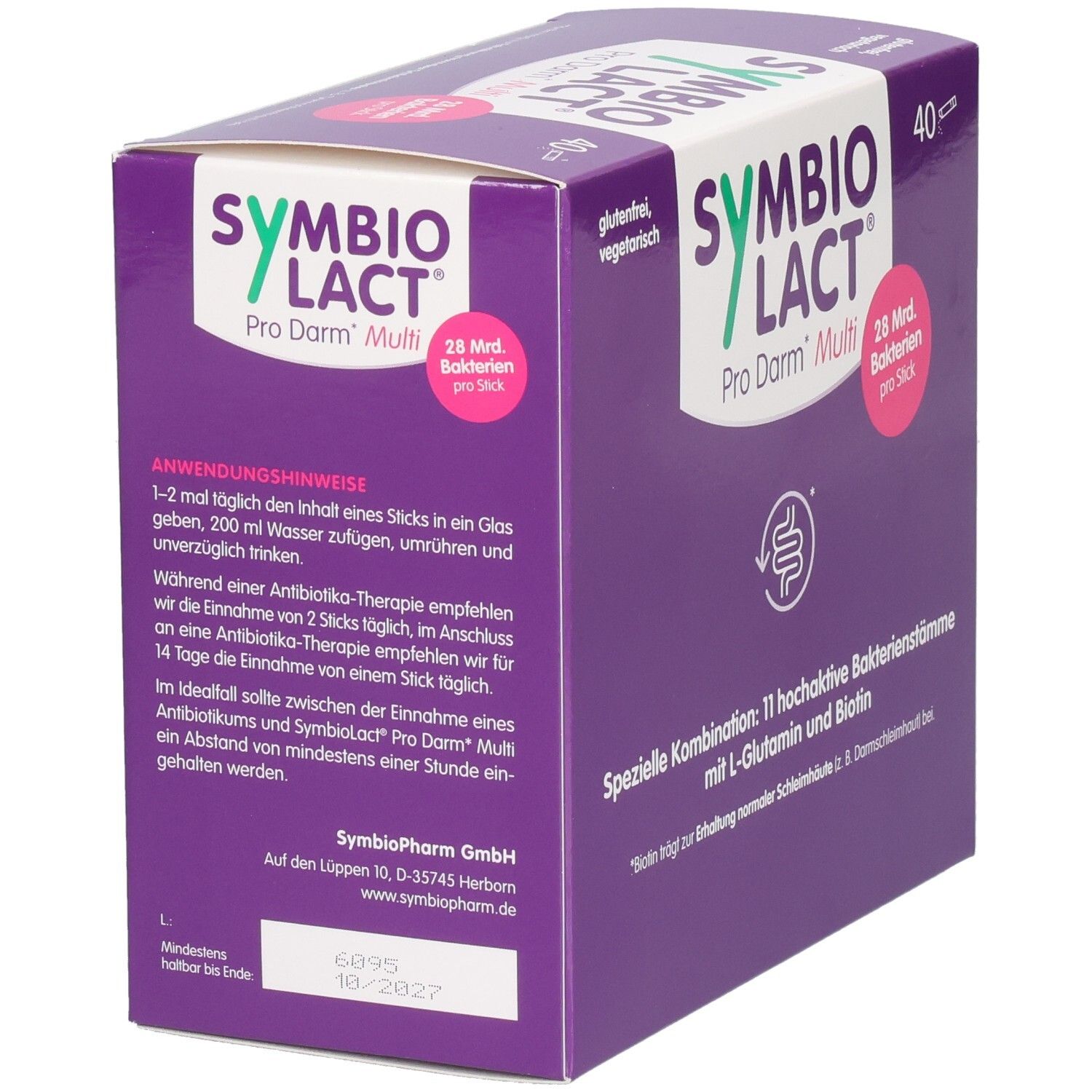 Lila Schachtel SYMBIOLACT Pro Darm Multi. Anwendungshinweise. 40 Sticks. 28 Mrd. Bakterien pro Stick. Adressinformationen.