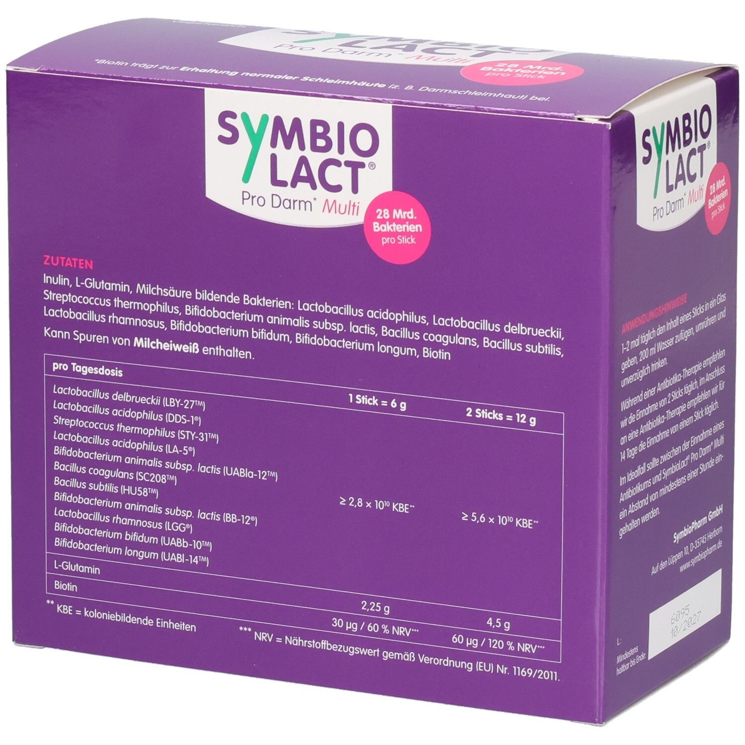 Lila Schachtel SYMBIOLACT Pro Darm Multi. Zutatenliste. 28 Mrd. Bakterien pro Stick. Nährwertangaben. 40 Sticks.