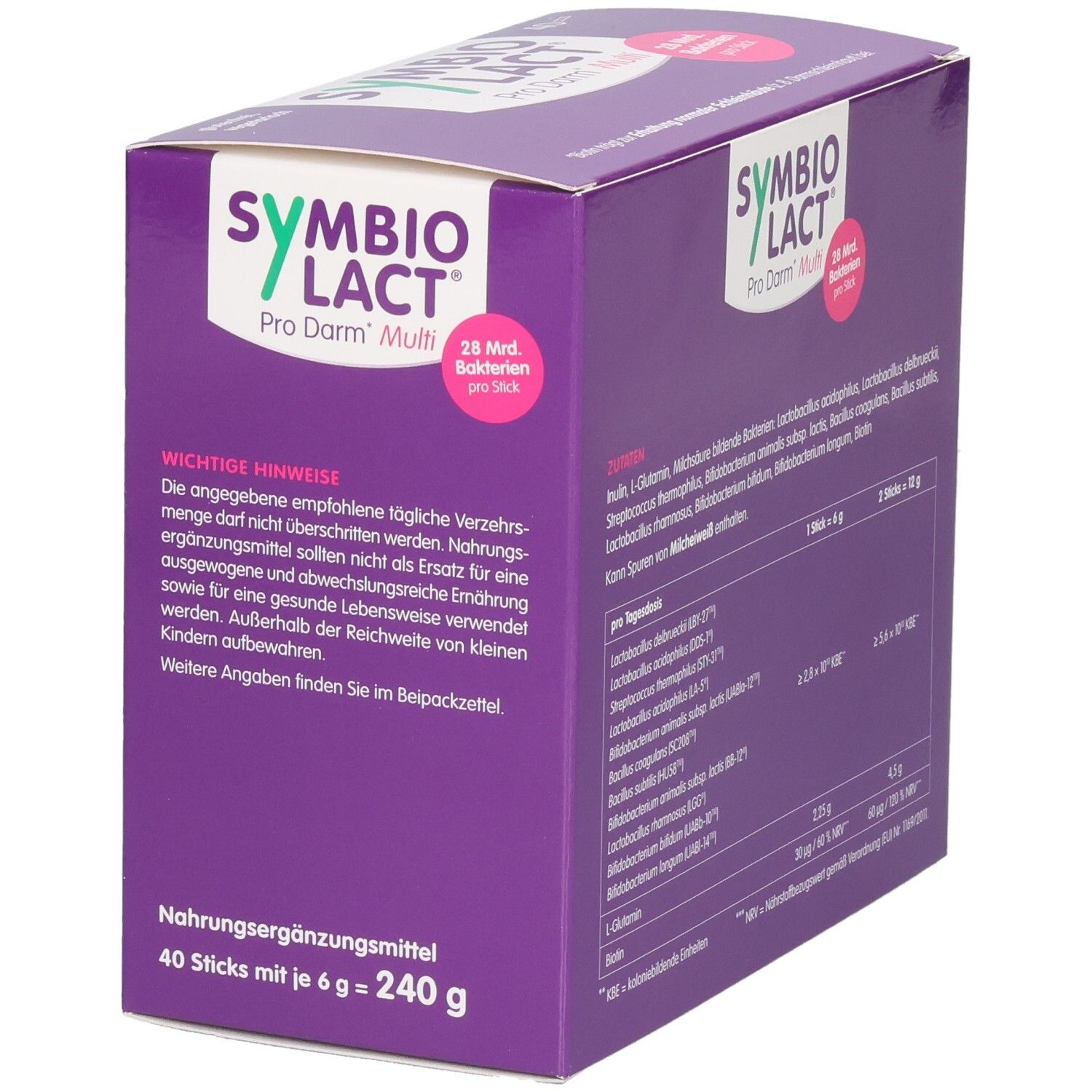 Lila Schachtel SYMBIOLACT Pro Darm Multi. Wichtige Hinweise. Nährwertangaben. 40 Sticks mit je 6g = 240g.