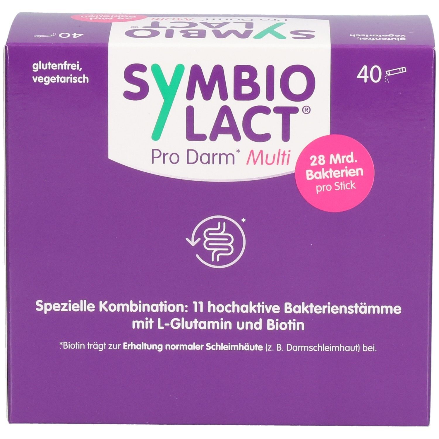 Lila Schachtel SYMBIOLACT Pro Darm Multi. 40 Sticks. Glutenfrei, vegetarisch. 28 Mrd. Bakterien pro Stick. Produktinformationen.