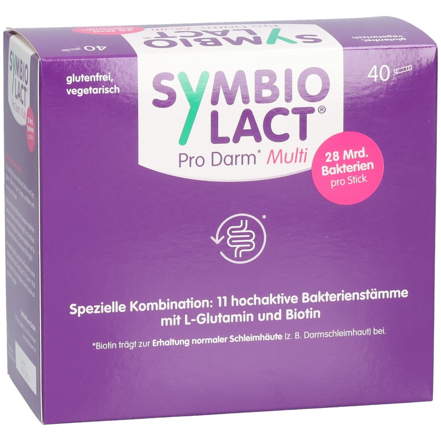Lila Schachtel SYMBIOLACT Pro Darm Multi. 40 Sticks. Glutenfrei, vegetarisch. 28 Mrd. Bakterien pro Stick. Produktinformationen.