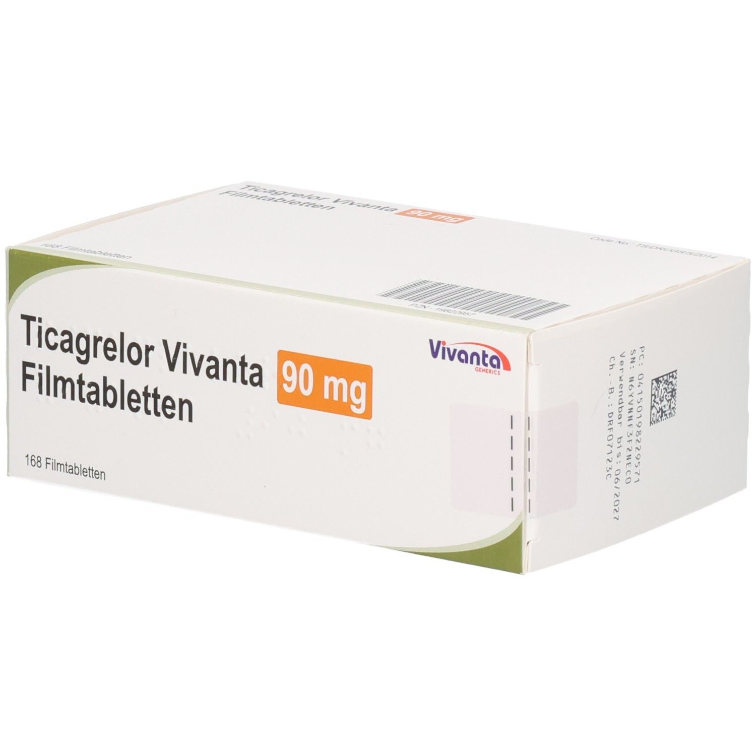 Schachtel mit Ticagrelor Vivanta 90 mg Filmtabletten. Aufdruck: 168 Filmtabletten. Vivanta Logo.
