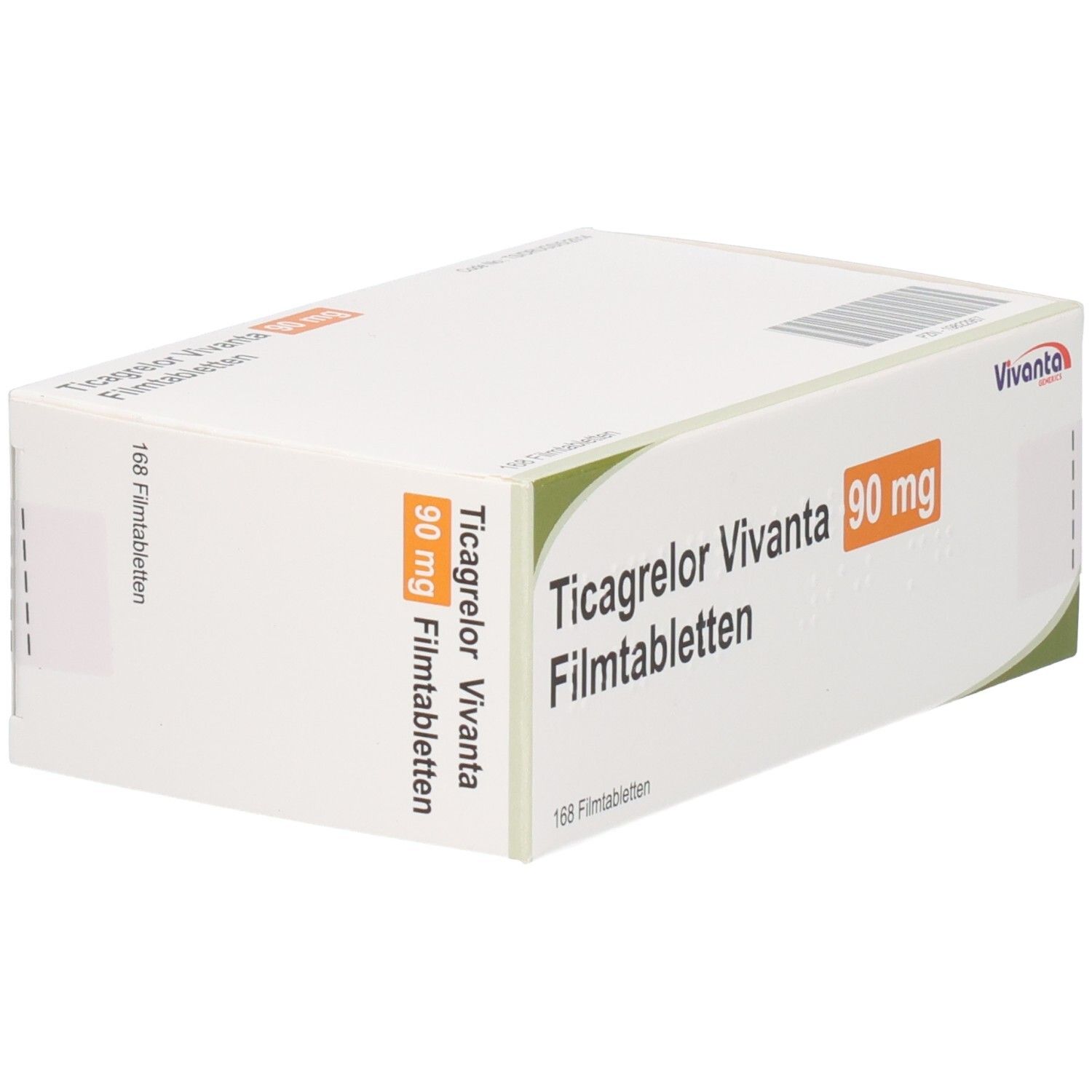 Schachtel mit Ticagrelor Vivanta 90 mg Filmtabletten. Aufdruck: 168 Filmtabletten. Vivanta Logo.